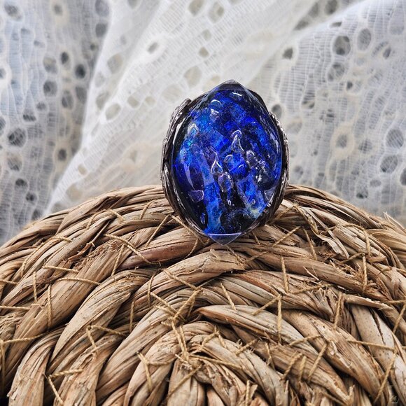 Vintage Cobalt Blue Heay Blown Glass Wire Wrapped Handmade Ring - Picture 1 of 10